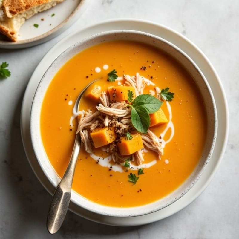 Creamy Roasted Butternut Squash Soup with Shredded Chicken