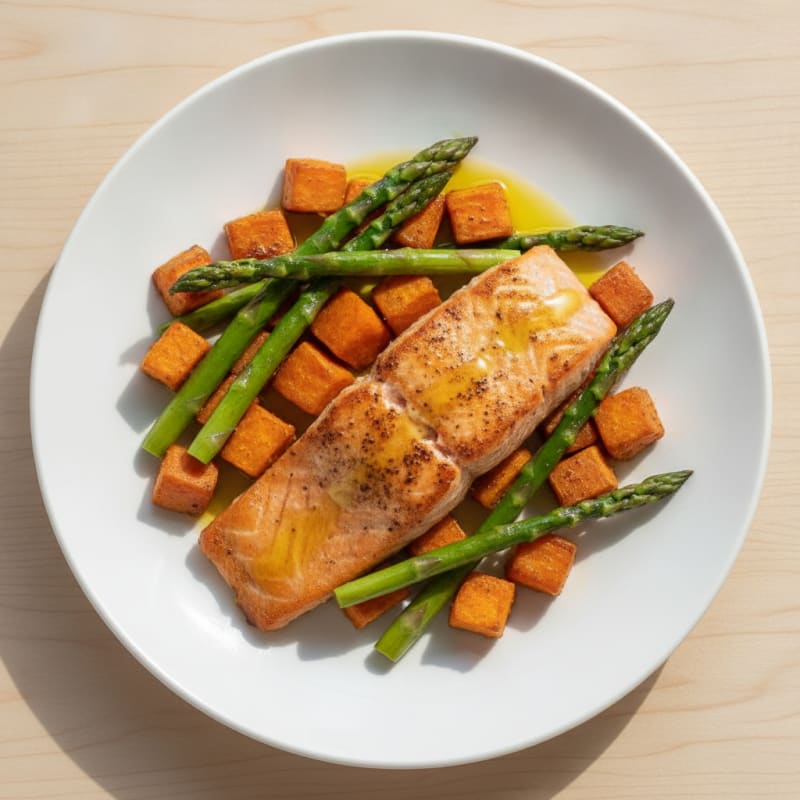 Seared Salmon Fillet with Roasted Sweet Potatoes and Asparagus
