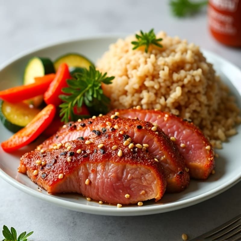 Spicy Sesame Ahi Tuna with Crispy Vegetables and Brown Rice
