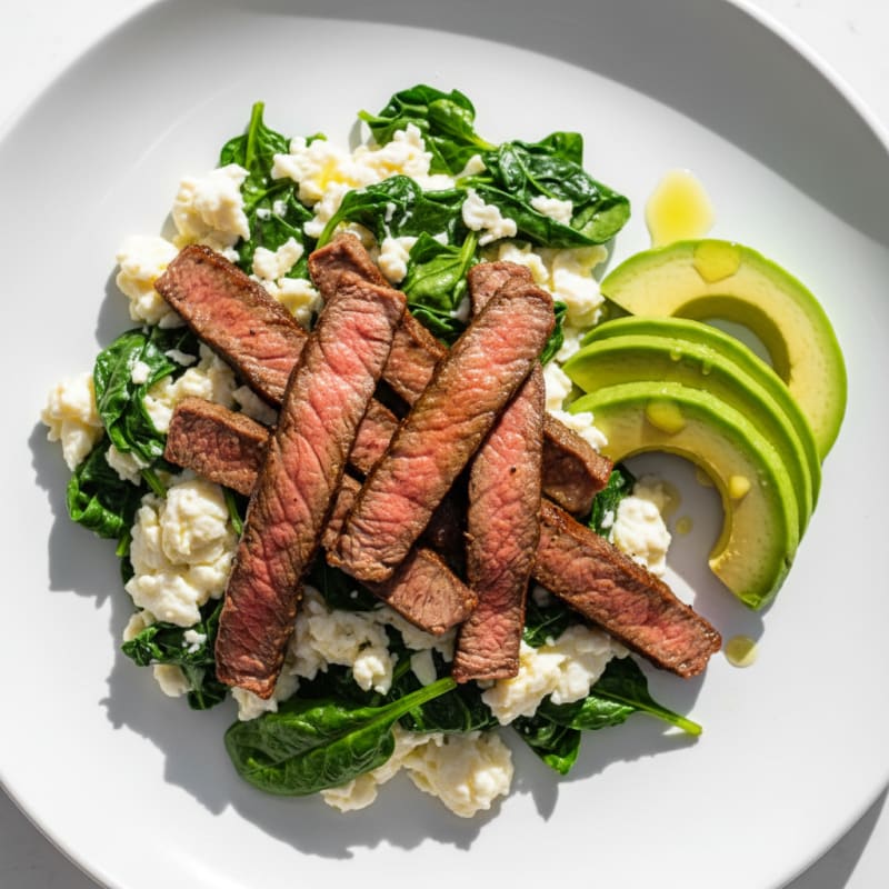 Egg White and Spinach Scramble with Seared Steak Strips