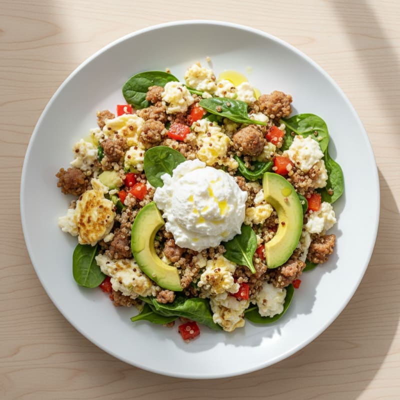 Egg White and Turkey Sausage Scramble with Cottage Cheese and Quinoa
