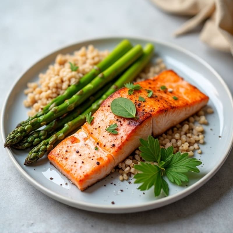Seared Salmon Fillet with Steamed Asparagus and Brown Rice