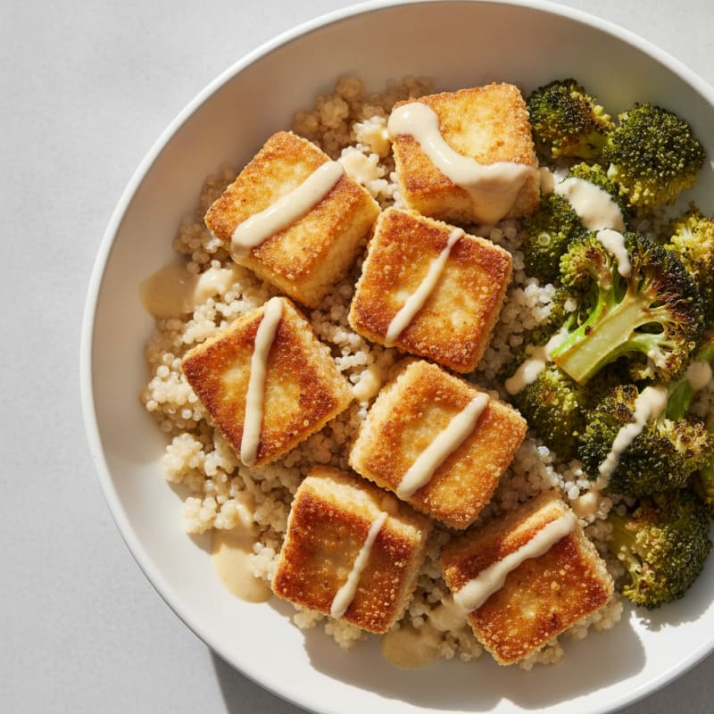Crispy Tofu Quinoa Bowl with Roasted Broccoli and Tahini Drizzle