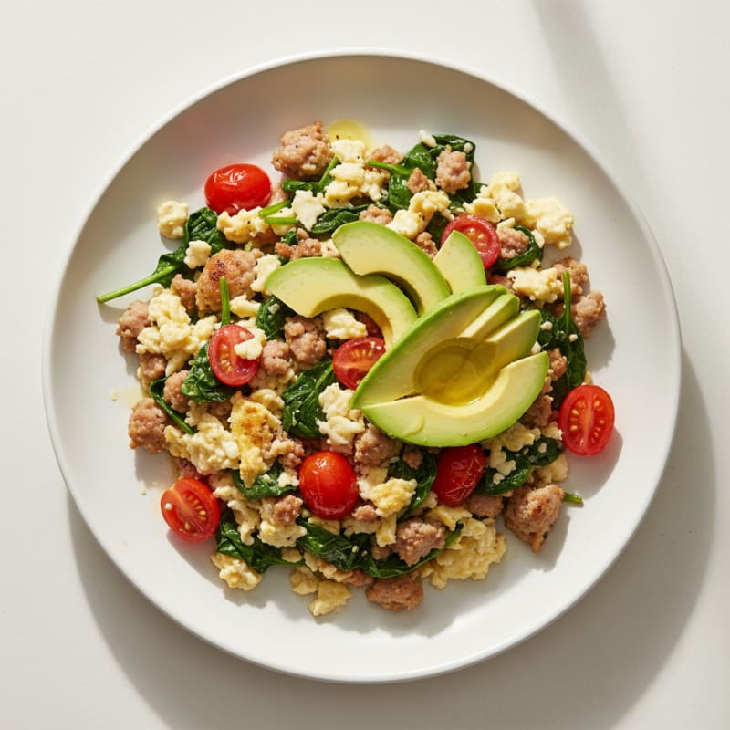 Egg White and Turkey Sausage Scramble with Spinach and Cherry Tomatoes