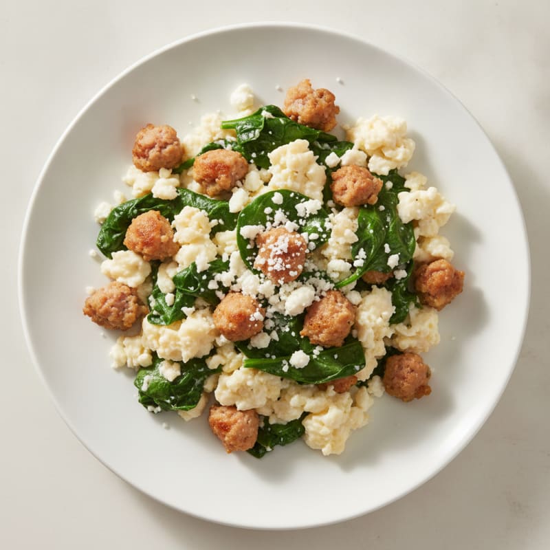 Egg White and Turkey Sausage Scramble with Sautéed Spinach