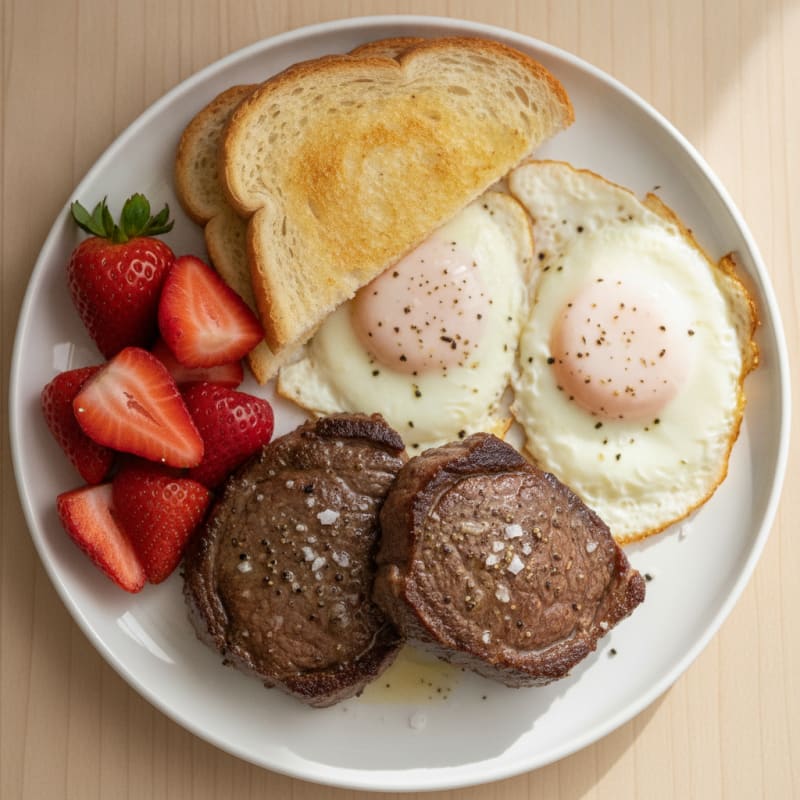 Pan-Seared Filet and Eggs with Strawberries