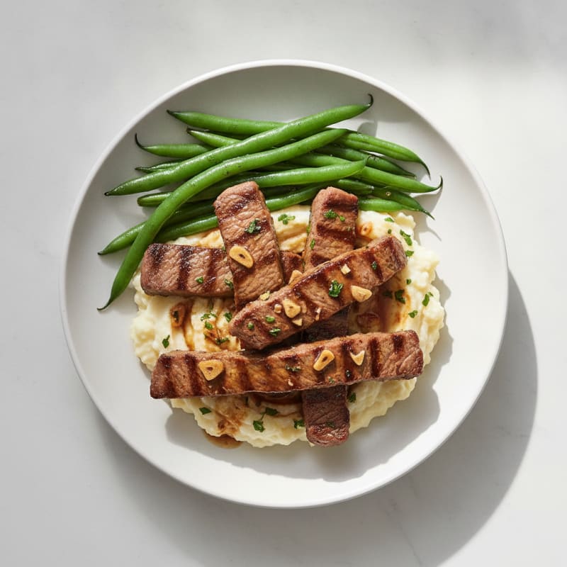 Seared Lean Beef Strips with Steamed Green Beans and Cauliflower Mash