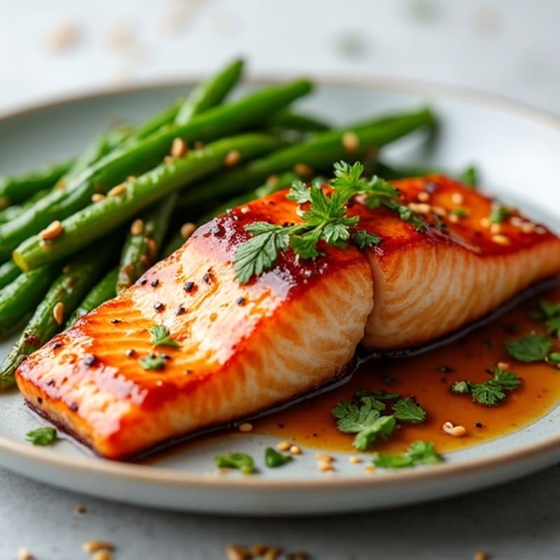 Pan-Seared Teriyaki Glazed Salmon with Crispy Roasted Green Beans