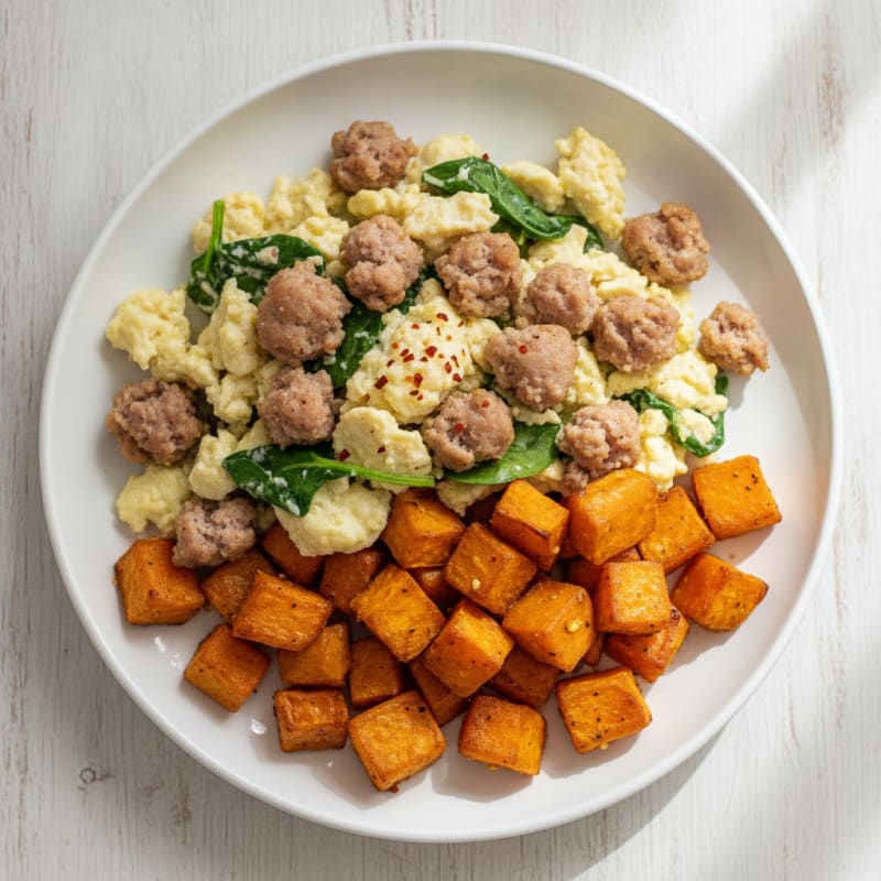 Egg White and Turkey Sausage Scramble with Roasted Sweet Potatoes