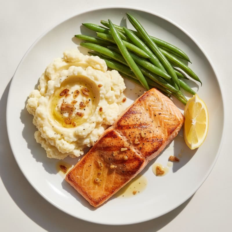 Seared Salmon Fillet with Steamed Green Beans and Garlic Mashed Cauliflower