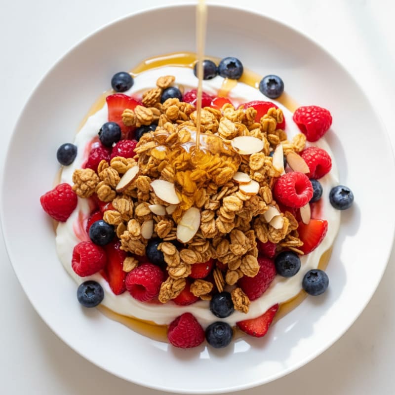 Greek Yogurt Parfait with Mixed Berries and Crunchy Almond Granola