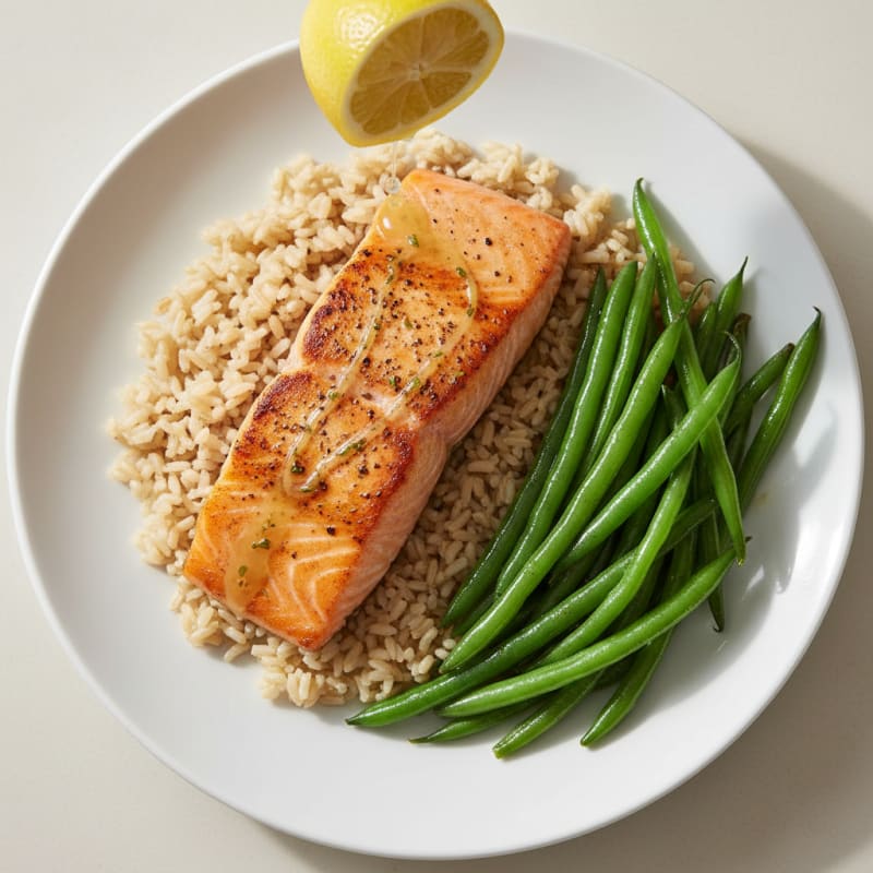 Seared Salmon Fillet with Steamed Green Beans and Brown Rice