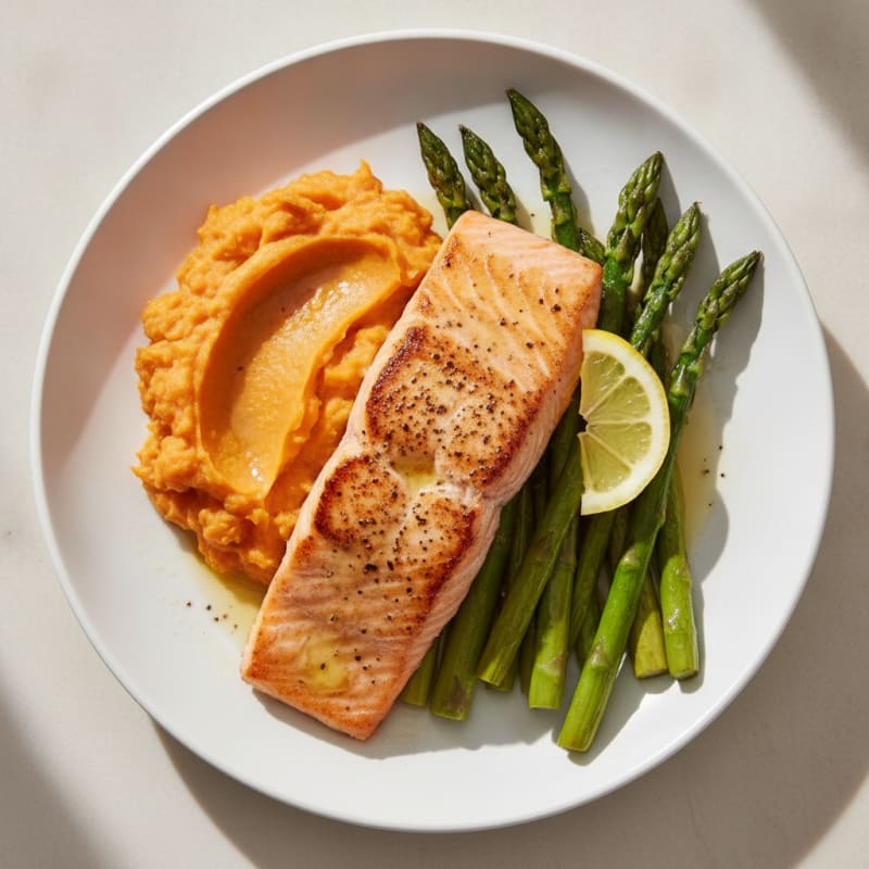 Seared Salmon with Roasted Asparagus and Sweet Potato Mash