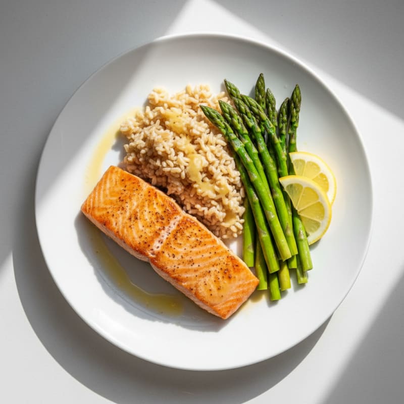 Seared Salmon with Steamed Asparagus and Brown Rice