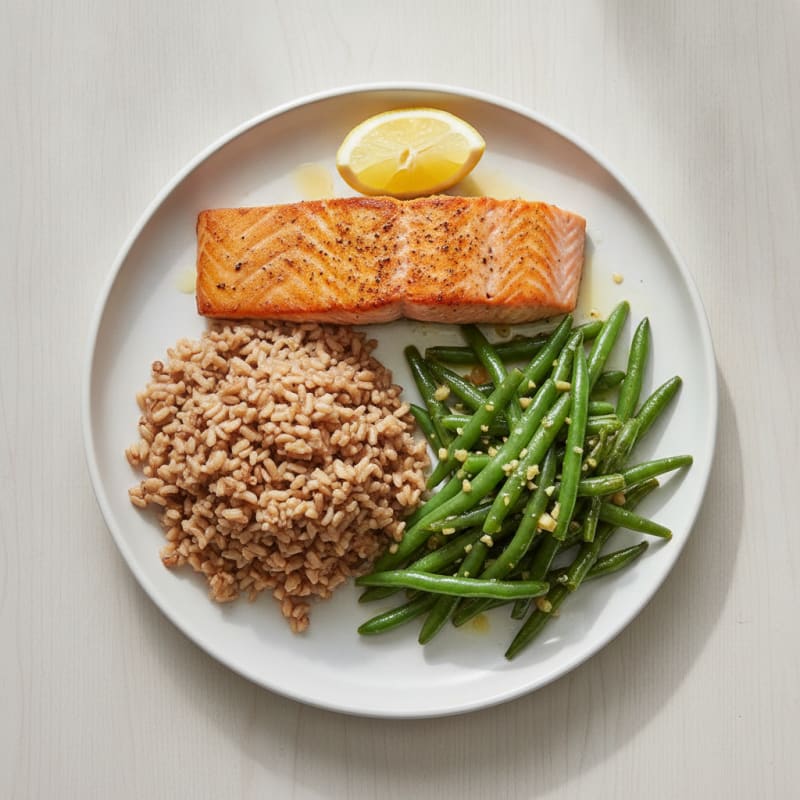 Seared Salmon with Garlic Green Beans and Brown Rice