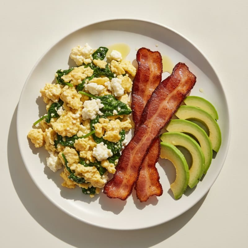 Creamy Cottage Cheese Scramble with Spinach and Turkey Bacon