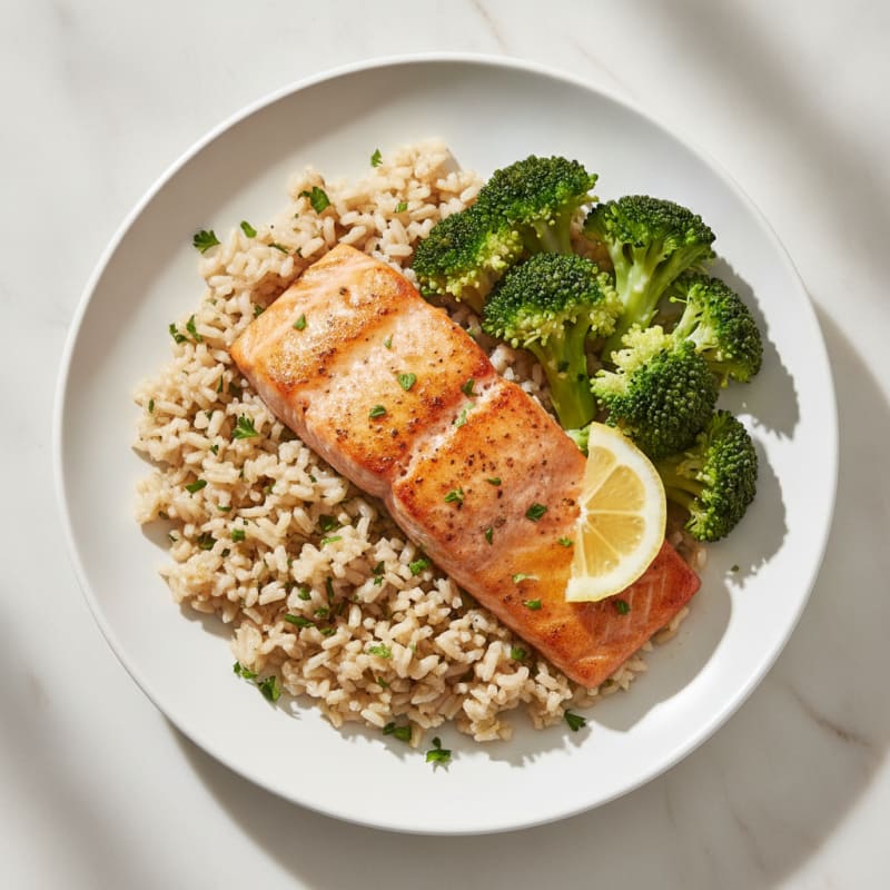 Seared Salmon with Steamed Broccoli and Herb Rice