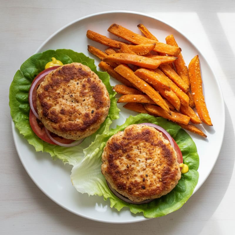 Chicken Burgers with Sweet Potato Fries