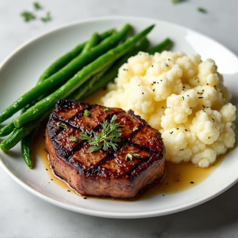 Seared Sirloin Steak with Garlic Green Beans and Mashed Cauliflower