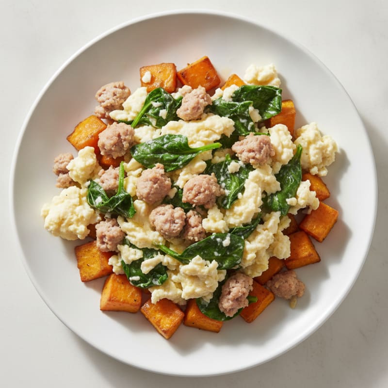 Egg White and Turkey Sausage Scramble with Spinach and Roasted Sweet Potatoes