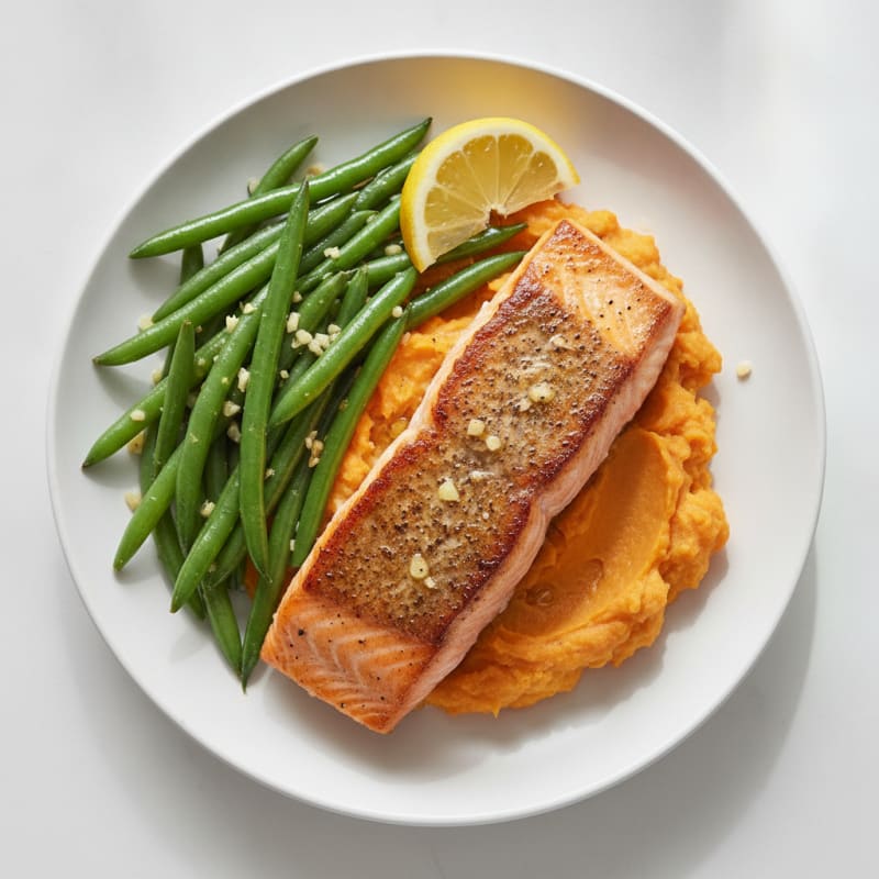 Seared Salmon with Garlic Green Beans and Sweet Potato Mash