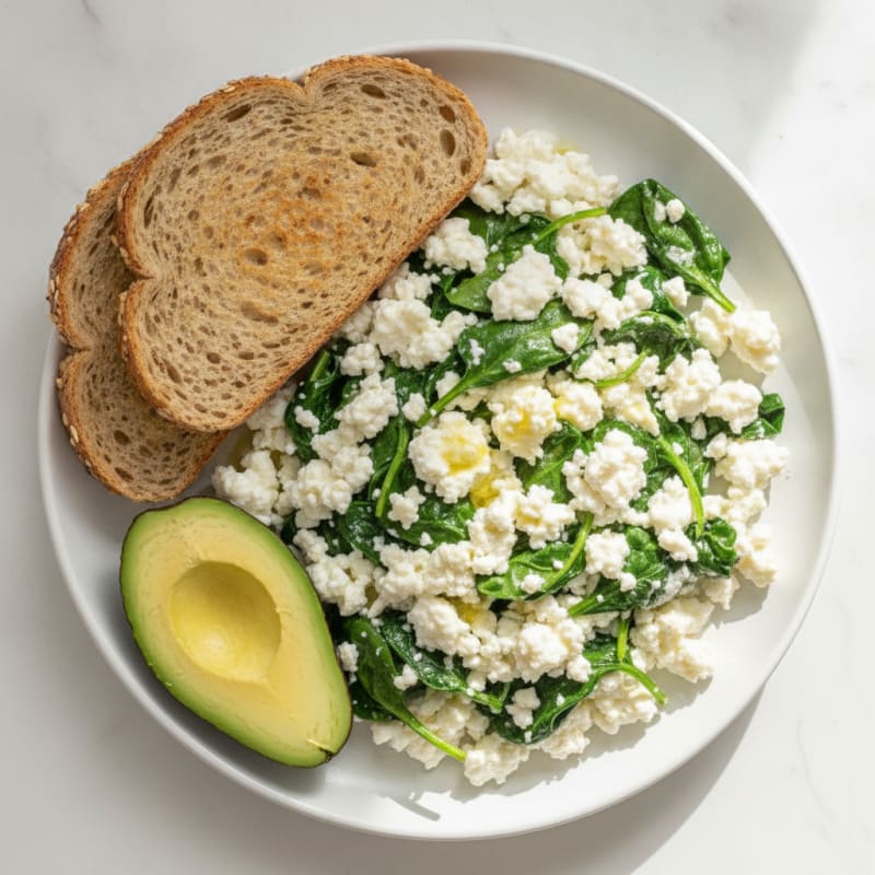 Egg White and Cottage Cheese Scramble with Sautéed Spinach
