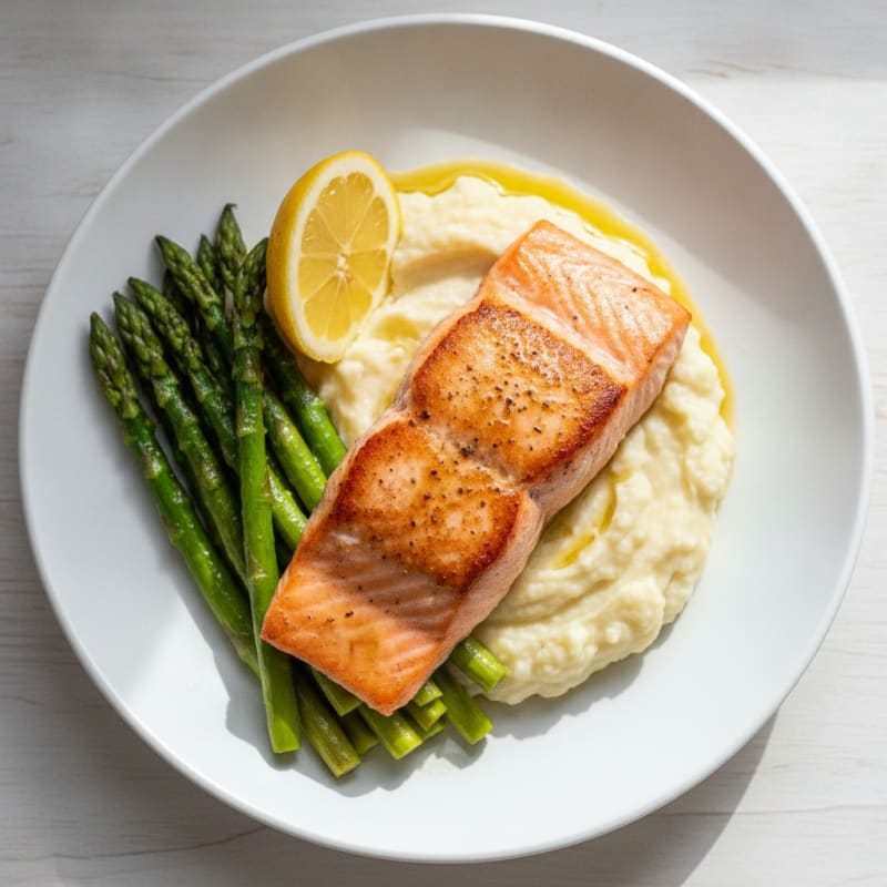 Seared Salmon Fillet with Roasted Asparagus and Cauliflower Mash