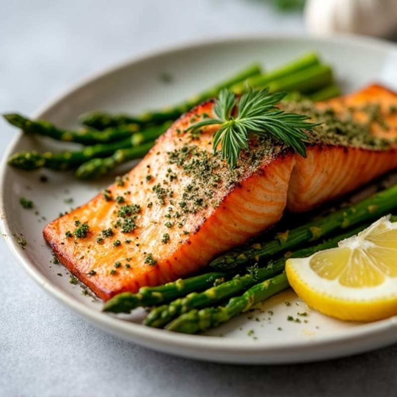 Herb-Crusted Pan Seared Salmon with Garlic Asparagus