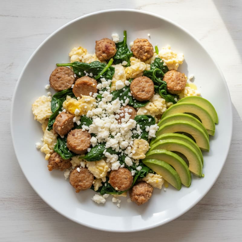 Egg White and Turkey Sausage Scramble with Spinach and Feta