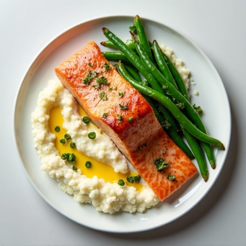 Seared Salmon with Garlic Green Beans and Cauliflower Mash