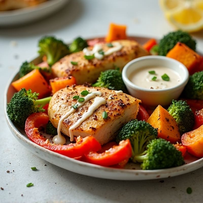 Sheet Pan Spiced Chicken and Roasted Vegetables with Creamy Tahini Sauce