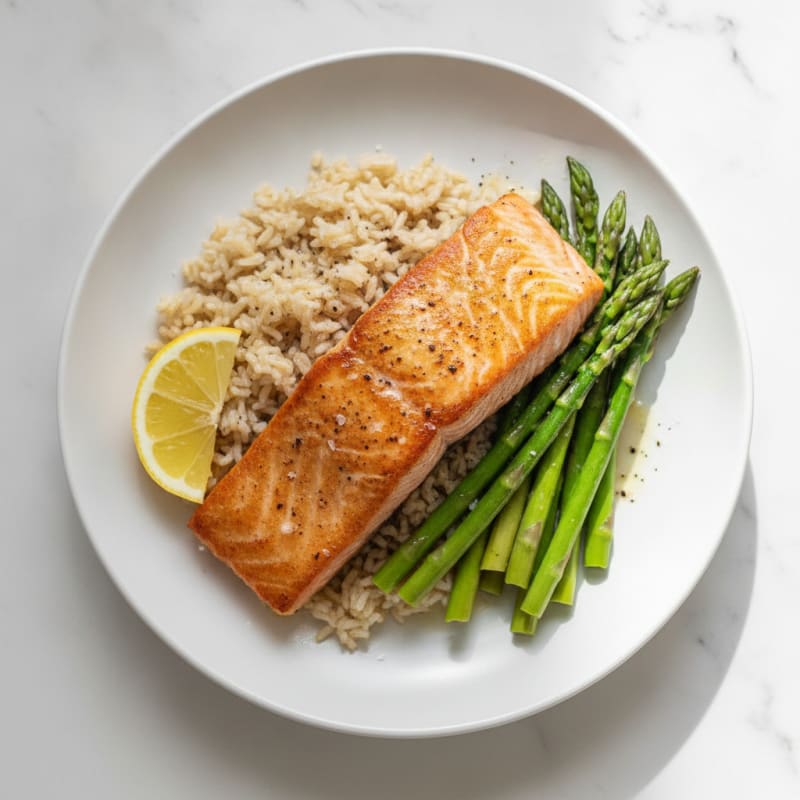 Seared Salmon with Steamed Asparagus and Brown Rice