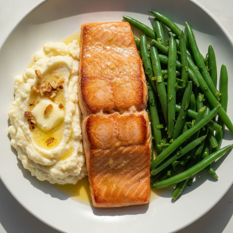 Seared Salmon Fillet with Steamed Green Beans and Garlic Mashed Cauliflower