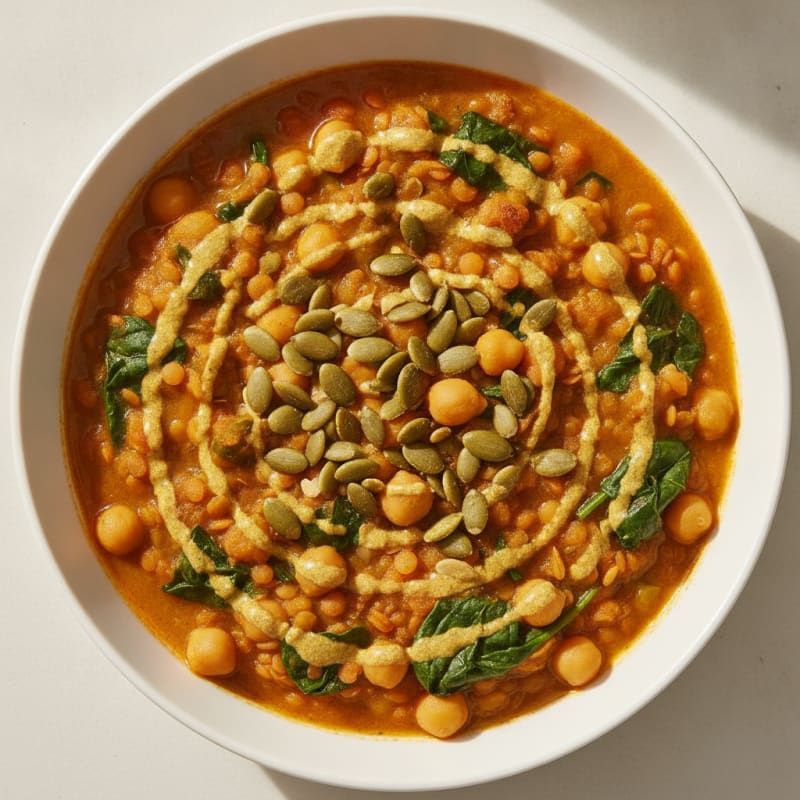 Lentil and Chickpea Stew with Spinach and Pumpkin Seeds