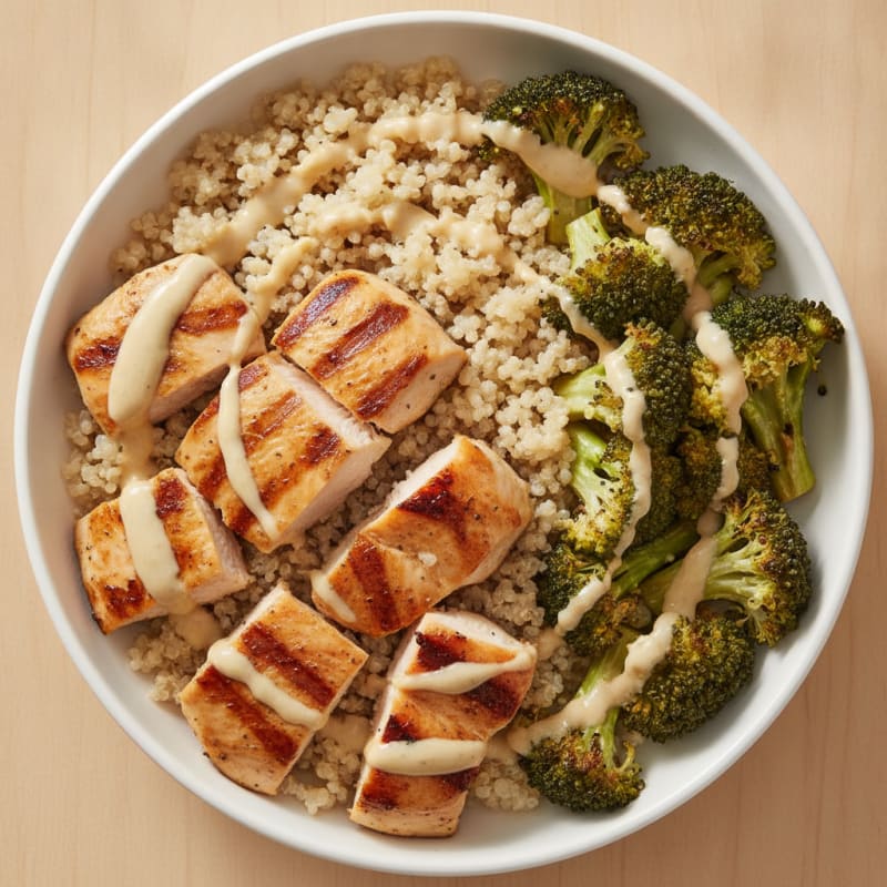 Grilled Chicken Quinoa Bowl with Roasted Broccoli and Lemon Tahini Drizzle
