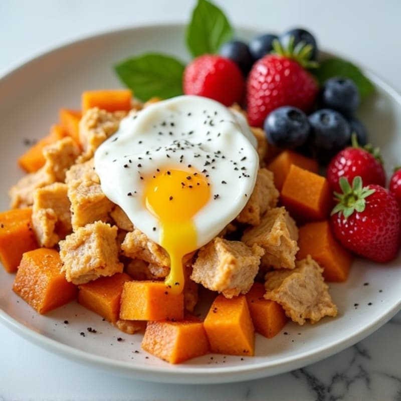 Chicken and Sweet Potato Scramble with Creamy Greek Yogurt and Fresh Fruit