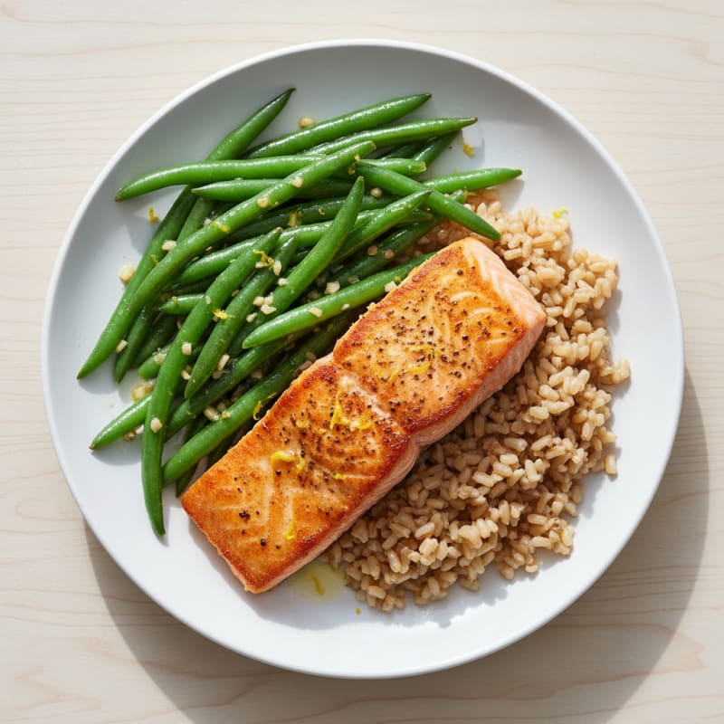 Seared Salmon with Garlic Green Beans and Brown Rice
