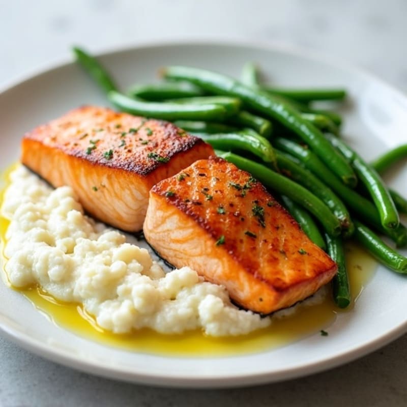 Seared Salmon with Steamed Green Beans and Cauliflower Mash
