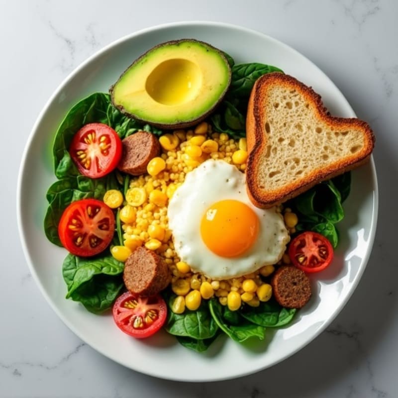 Egg White and Turkey Sausage Scramble with Spinach, Tomatoes, Toast and Avocado