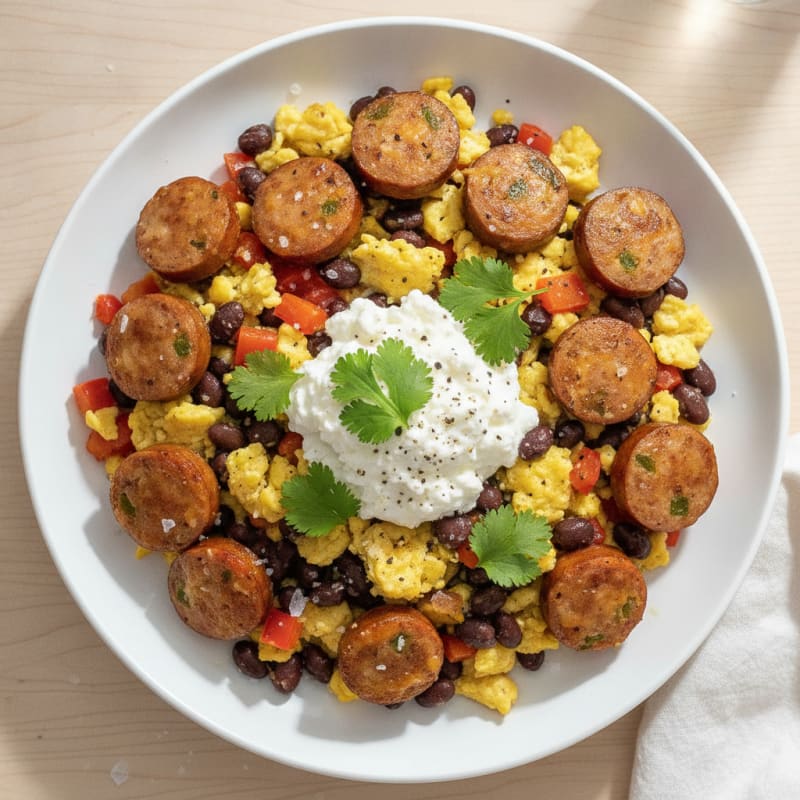 Jalapeño Cheddar Bratwurst and Black Bean Scramble