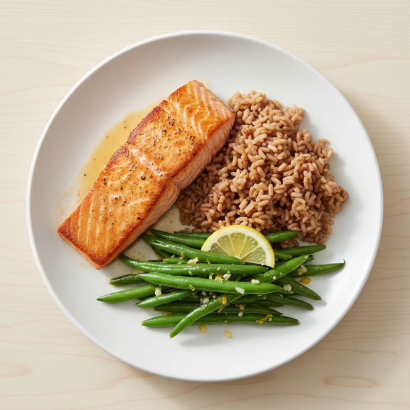 Seared Salmon Fillet with Brown Rice and Garlicky Green Beans
