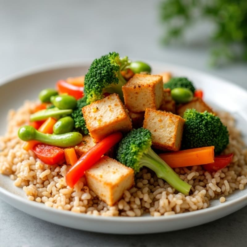 Crispy Tofu and Vegetable Stir Fry with Brown Rice