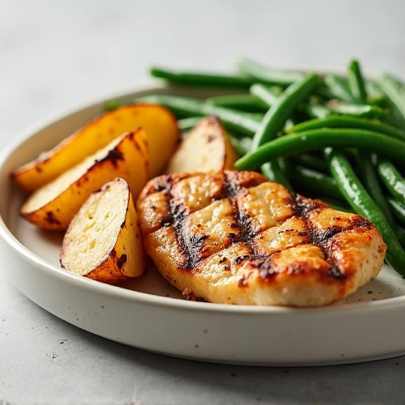 Grilled Chicken Breast with Roasted Potato Wedges and Steamed Green Beans
