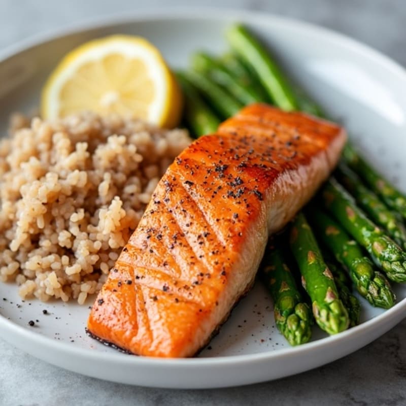 Seared Salmon Fillet with Steamed Asparagus and Brown Rice