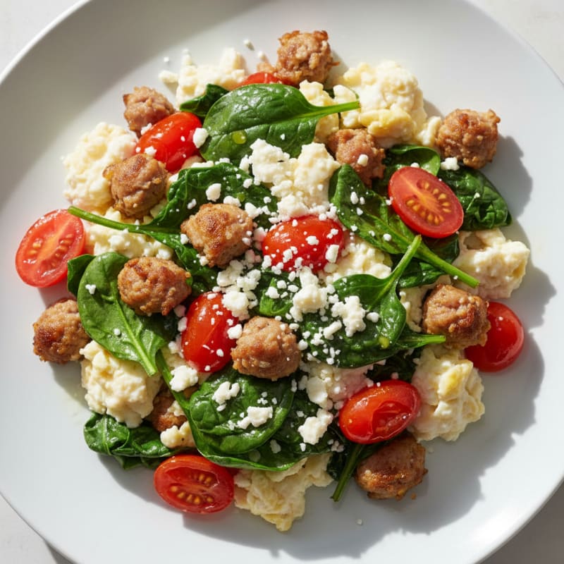 Egg White and Turkey Sausage Scramble with Spinach and Cherry Tomatoes