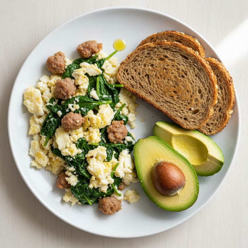 Egg White Scramble with Turkey Sausage and Sautéed Spinach