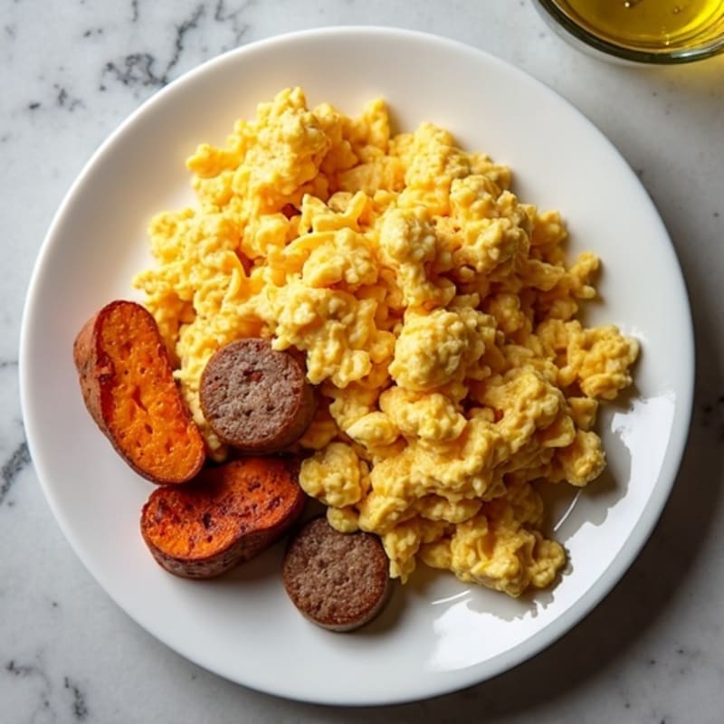 Egg White and Turkey Sausage Scramble with Roasted Sweet Potatoes