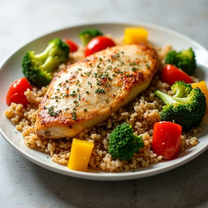 Savory Chicken and Brown Rice Skillet with Roasted Vegetables