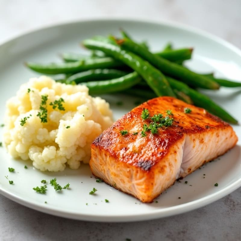 Seared Salmon with Steamed Green Beans and Garlic Mashed Cauliflower