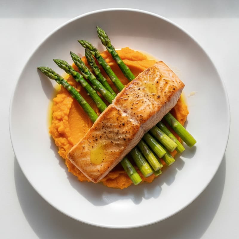 Seared Salmon Fillet with Roasted Asparagus and Sweet Potato Mash